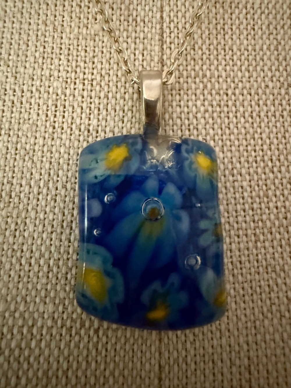 Blue Floral Glass Pendant Necklace - Silver Chain - Picture 2 of 4